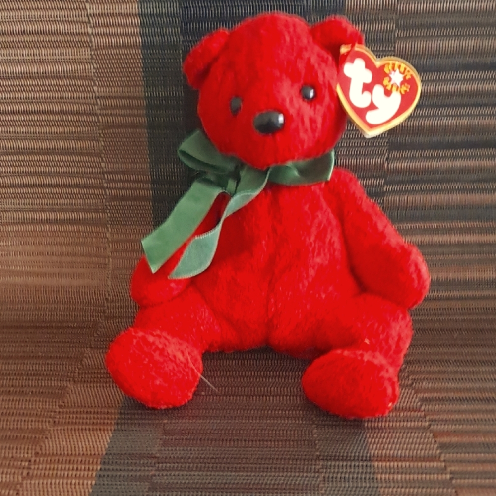 Ty Red Teddy Bear with Green Bow
